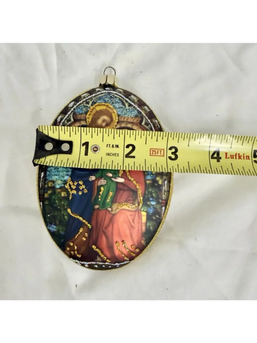 Vintage Holy Family Blown Glass Christmas Ornament Blue Gold Glitter 4”